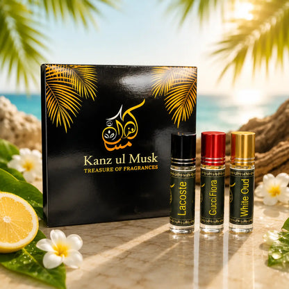 Summer Deal - Pack of 3 Attars 6ml | Gucci Flora, White Oud & Lacoste